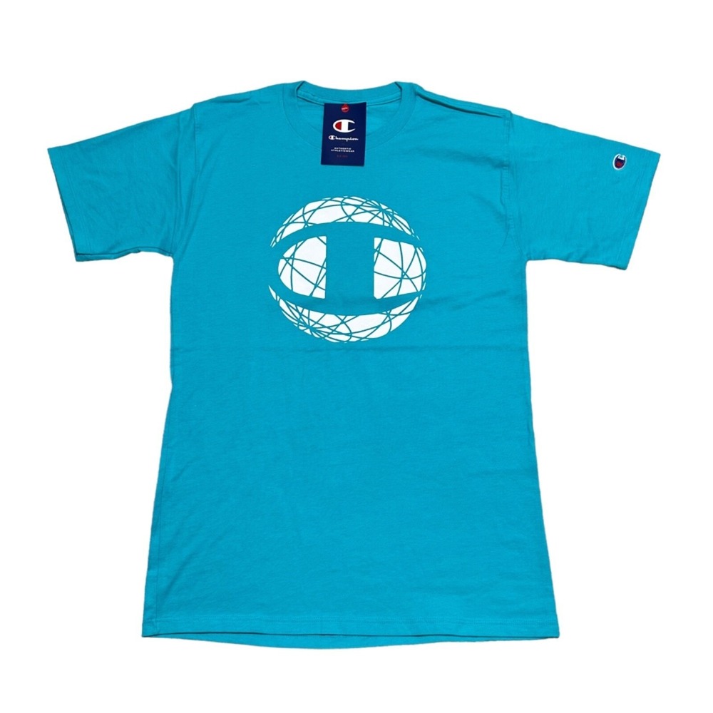Champion Mens Size Small Globe‎ Graphic T-Shirt Teal Blue Crew Neck Cotton Tee